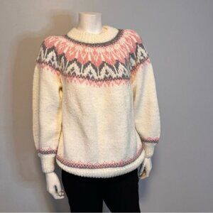 Hand Knitted Cream Pink Fair Isle Jumper Sweater Size M